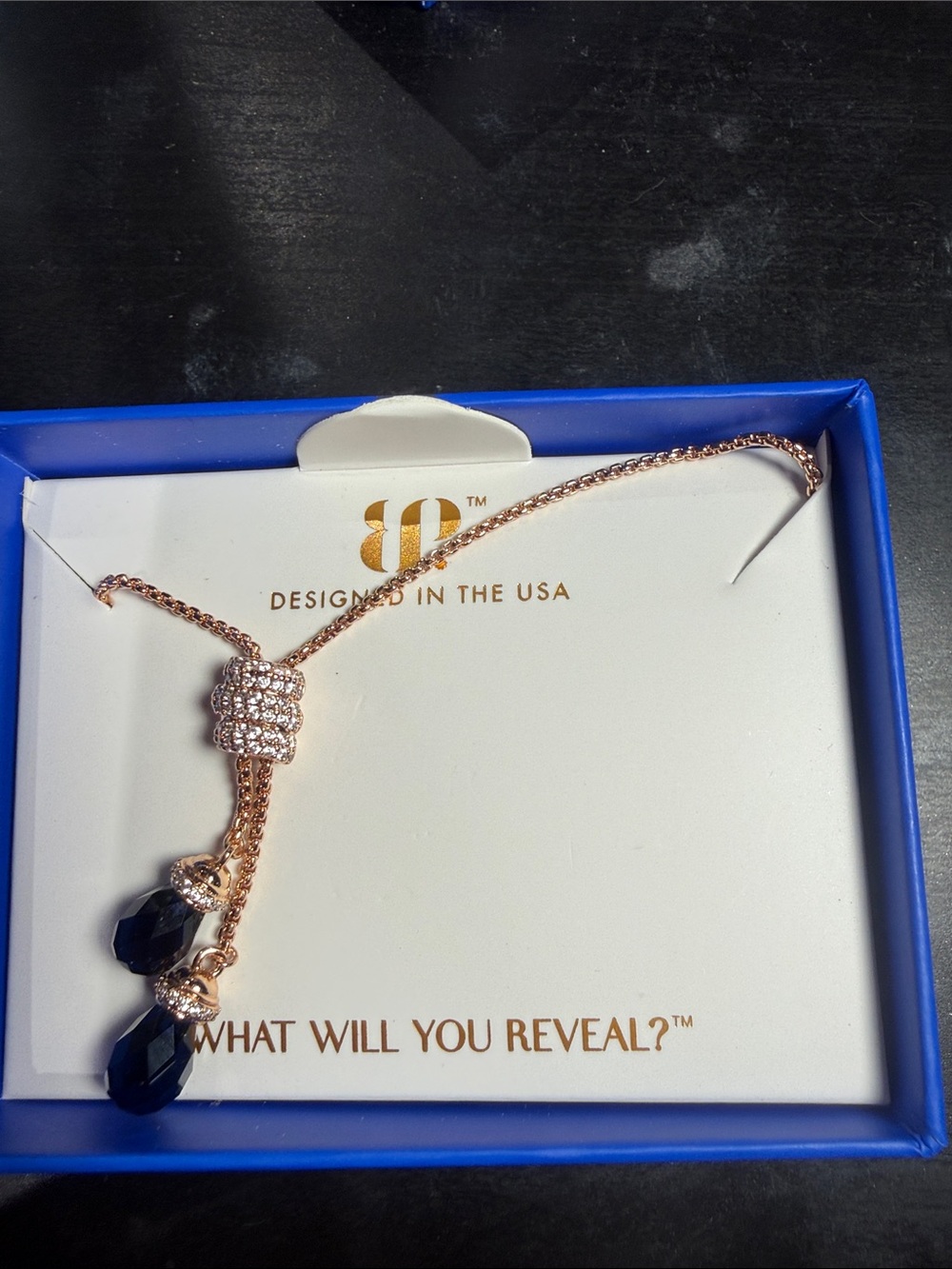 Designer Rose Gold Necklace with Navy Crystal Drops
